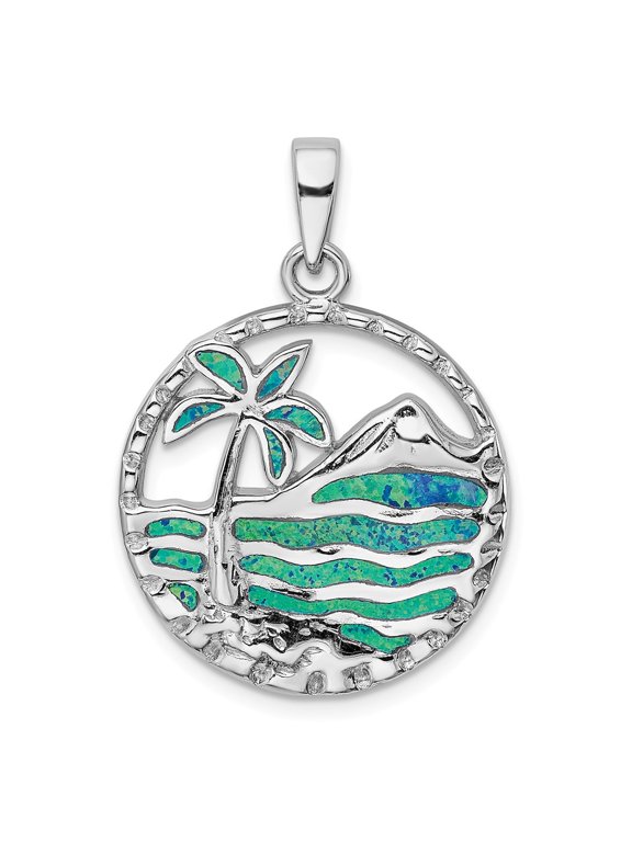 White Sterling Silver Charm Pendant Themed Textured Opal, Lab Created Phenomena 33.9 mm 24.2