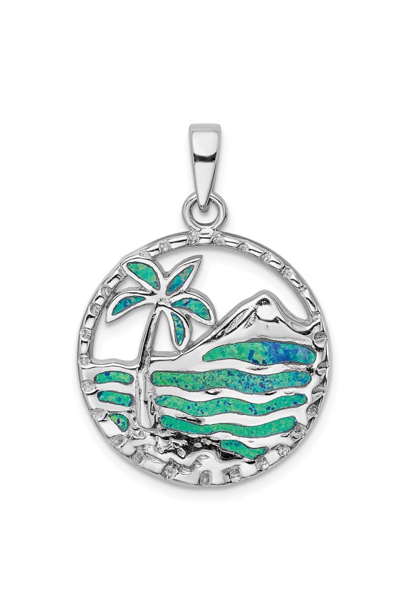 White Sterling Silver Charm Pendant Themed Textured Opal, Lab Created Phenomena 33.9 mm 24.2