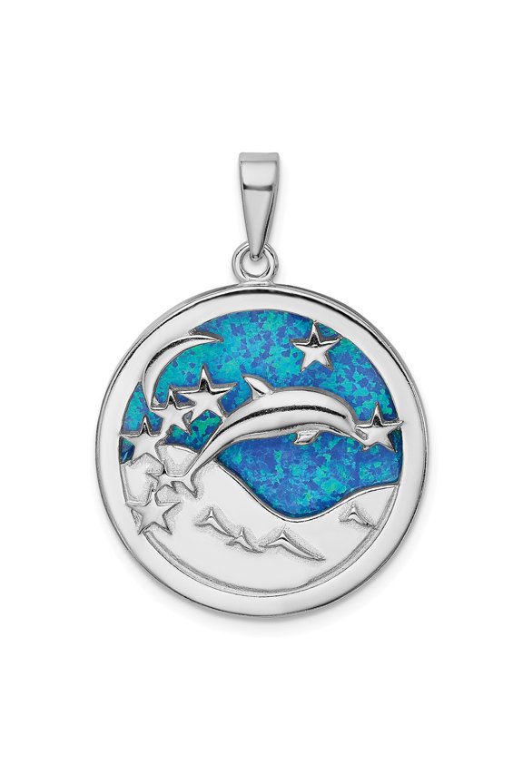 White Sterling Silver Charm Pendant Themed Textured Opal, Lab Created Phenomena 35.9 mm 26.6