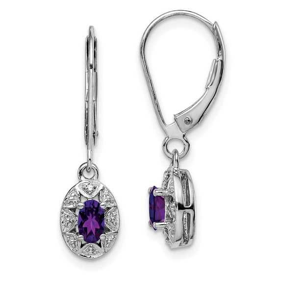 White Sterling Silver Earring Birthstone (02) February Women'S Amethyst Oval Purple Diamond 26 mm 7