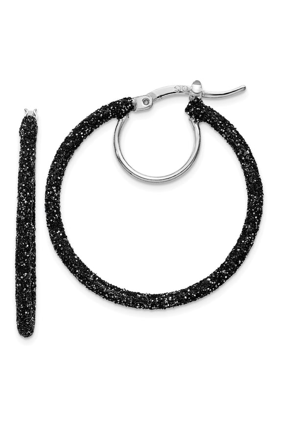 White Sterling Silver Earring Hoop Women'S 28 mm Rhodium And Black Glitter Enamel Earrings