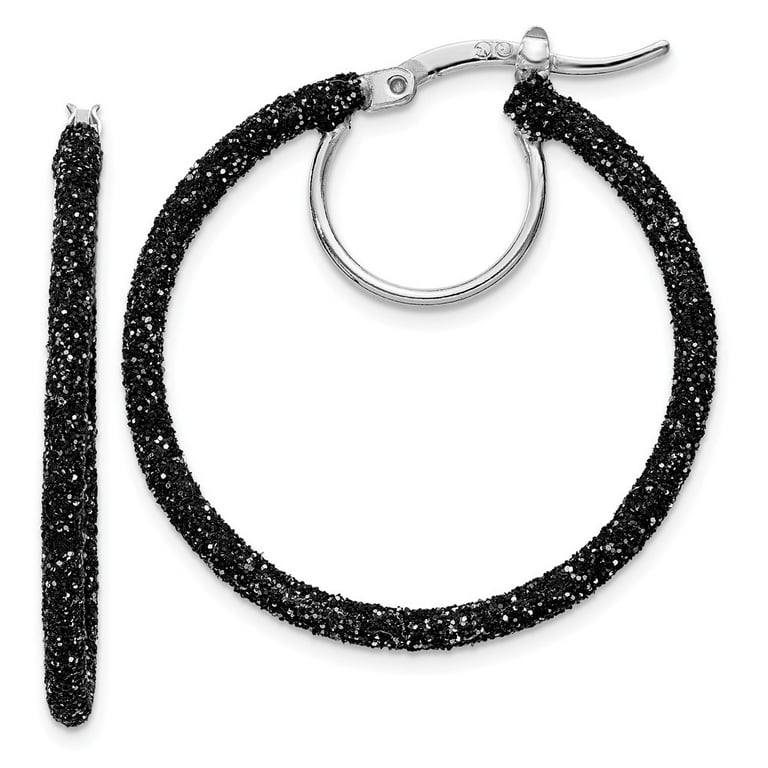 Sterling Silver Rhodium And Black Glitter Enamel Glitter Hoop Earrings Sterling Silver Rhodium And Black Glitter Enamel Glitter Hoop Earrings