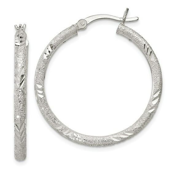 White Sterling Silver Earring Hoop Women'S 32 mm Polished Diamond-Cut Laser-Cut Hinged Earrings