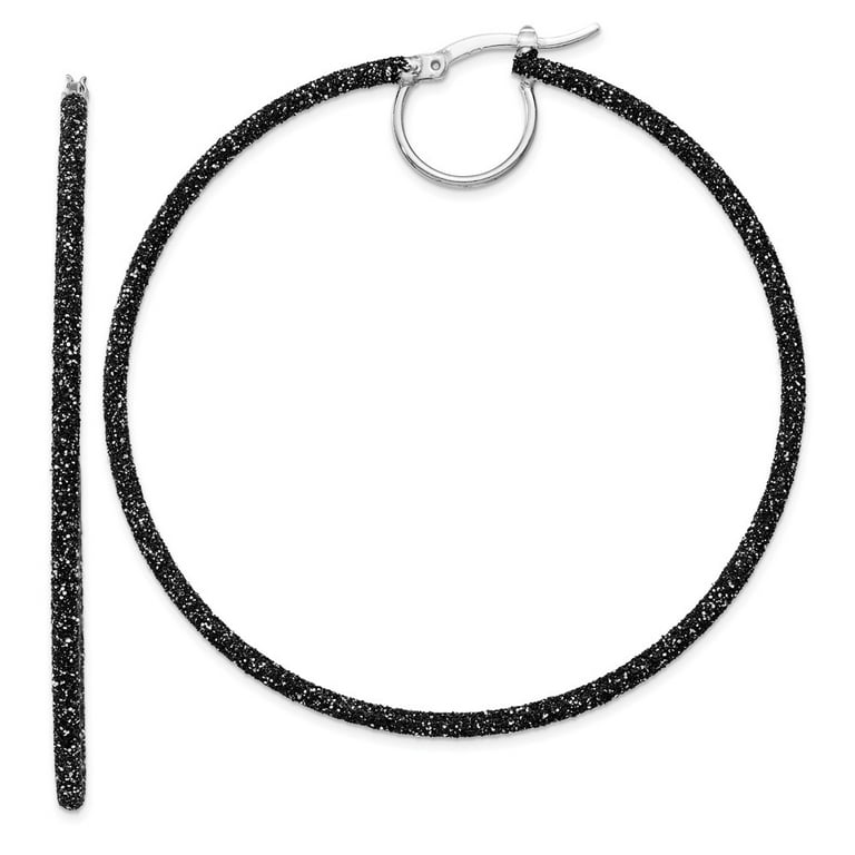 Sterling Silver Rhodium And Black Glitter Enamel Glitter Hoop Earrings Sterling Silver Rhodium And Black Glitter Enamel Glitter Hoop Earrings