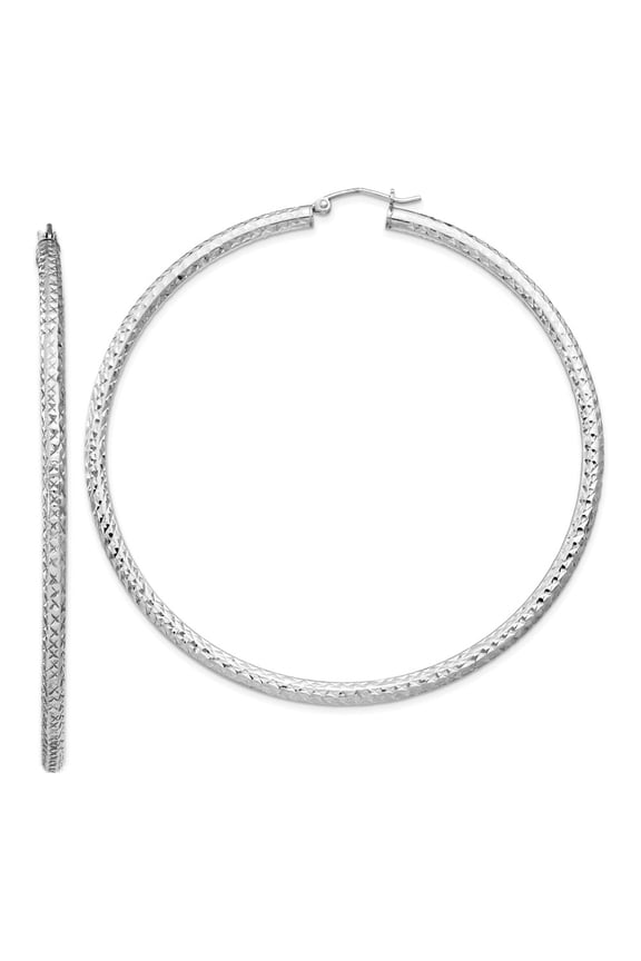 White Sterling Silver Earring Hoop Women'S 71 mm Rhodium-Plated Diamond-Cut 3X70Mm Earrings