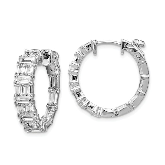 White Sterling Silver Earring In & Out Hoop Women'S Cubic Zirconia CZ Baguette 21.5 mm 22.5