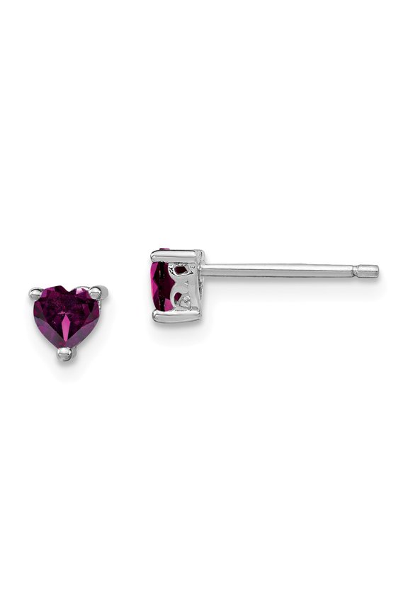 White Sterling Silver Earring Stud (06) June Women'S Rhodolite Garnet Heart Purple 4.5 mm