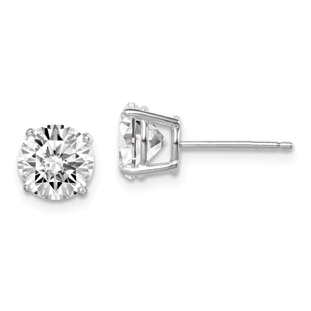 White Sterling Silver Earring Stud Women'S Cubic Zirconia CZ Clear 7 mm