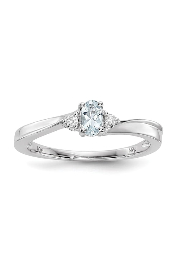 White Sterling Silver Ring Band Birthstone (03) March Rounded Open Back Aquamarine Oval Blue Diamond Round Clear