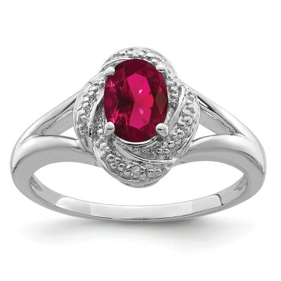 White Sterling Silver Ring Band Birthstone (07) July Ruby Lab Created Oval Red Diamond