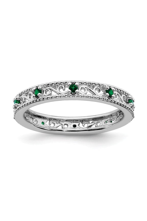 White Sterling Silver Ring Band Eternity Emerald, Lab Created Round Green