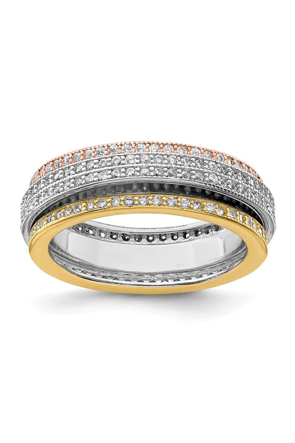 White Sterling Silver Ring Band Eternity Rhodium Polished Tri-color pave Motion