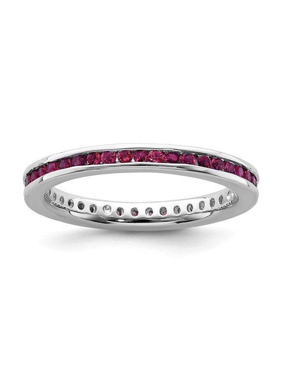 White Sterling Silver Ring Band Eternity Ruby, Lab Created Red