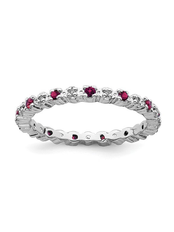 White Sterling Silver Ring Band Eternity Ruby, Lab Created Round Red Diamond