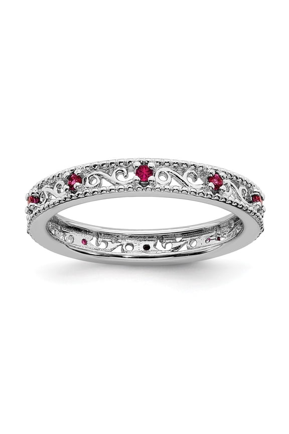 White Sterling Silver Ring Band Eternity Ruby, Lab Created Round Red