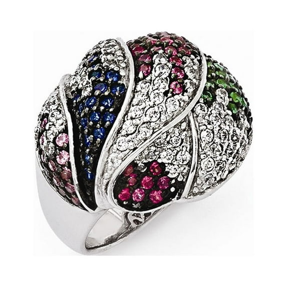 White Sterling Silver Ring Band Fashion Cubic Zirconia CZ Ruby, Lab Created Red Glass Blue