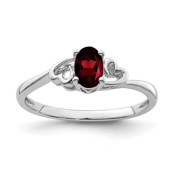 White Sterling Silver Ring Band Gemstone (01) January Garnet Oval Red