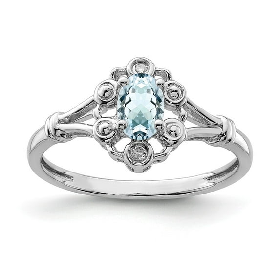 White Sterling Silver Ring Band Gemstone (03) March Aquamarine Oval Blue Diamond Round