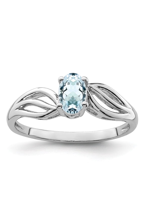 White Sterling Silver Ring Band Gemstone (03) March Aquamarine Oval Blue