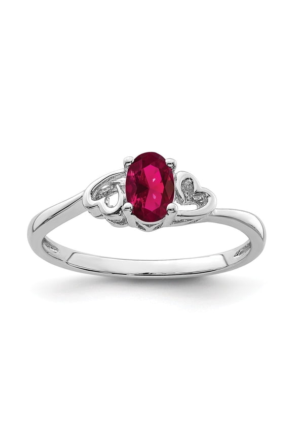 White Sterling Silver Ring Band Gemstone (07) July Ruby, Lab Created Oval Red