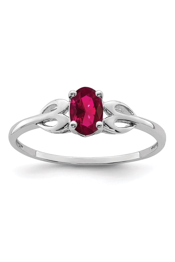 White Sterling Silver Ring Band Gemstone (07) July Ruby, Lab Created Oval Red