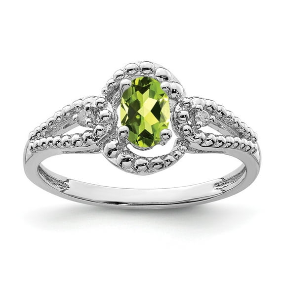 White Sterling Silver Ring Band Gemstone (08) August Peridot Oval Green Diamond Round
