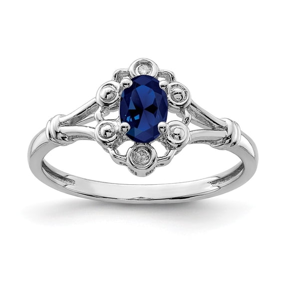 White Sterling Silver Ring Band Gemstone (09) September Sapphire, Lab Created Oval Blue Diamond Round