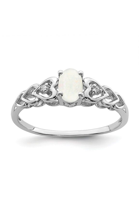 White Sterling Silver Ring Band Gemstone (10) October Opal, Lab Created Oval Phenomena Diamond Round