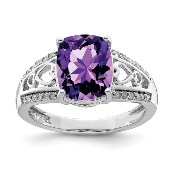 White Sterling Silver Ring Band Gemstone Amethyst Cushion Purple Diamond