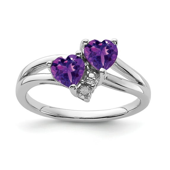 White Sterling Silver Ring Band Gemstone Amethyst Heart Purple Diamond Round