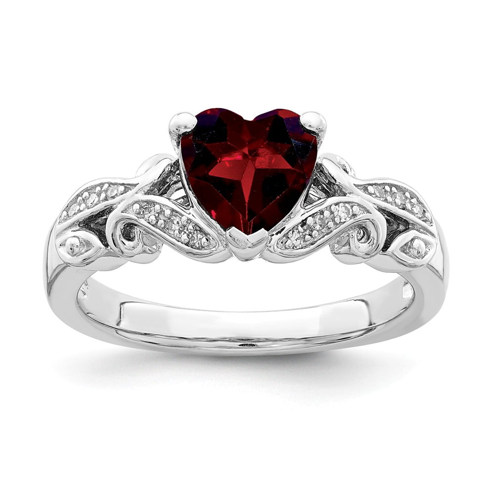 GEMAPEX White Sterling Silver Ring Band Gemstone Diamond Garnet Red
