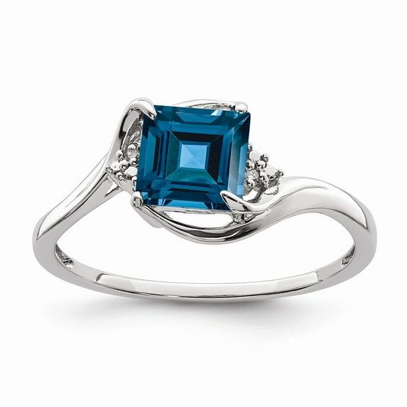 White Sterling Silver Ring Band Gemstone Diamond Round London Blue Topaz Square