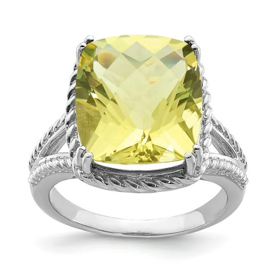 White Sterling Silver Ring Band Gemstone Lemon Quartz Cushion