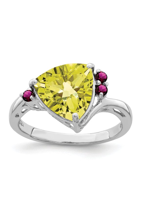 White Sterling Silver Ring Band Gemstone Lemon Quartz Trillion Rhodolite Garnet Round Red