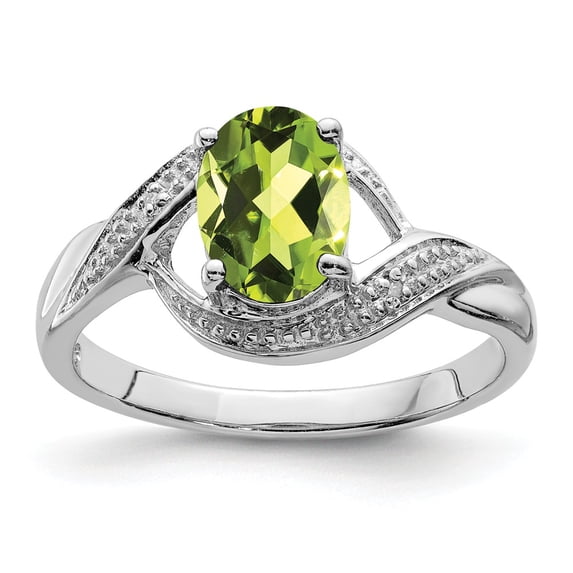 White Sterling Silver Ring Band Gemstone Peridot Oval Green Diamond