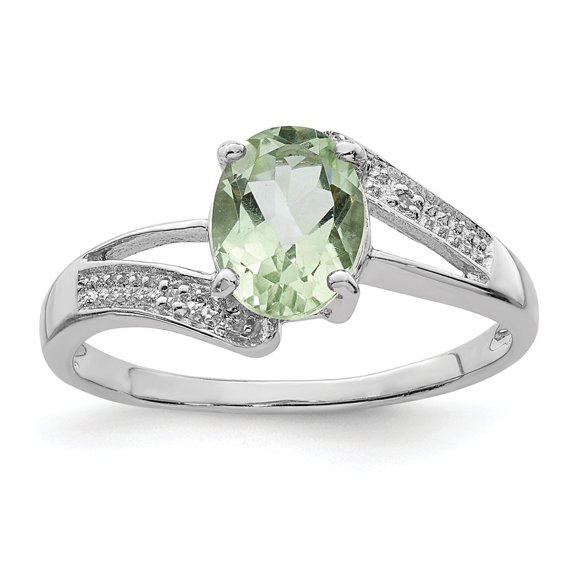 White Sterling Silver Ring Band Gemstone Prasiolite Oval Diamond