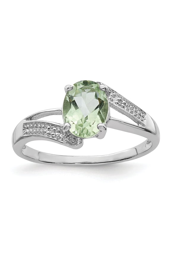 White Sterling Silver Ring Band Gemstone Prasiolite Oval Diamond