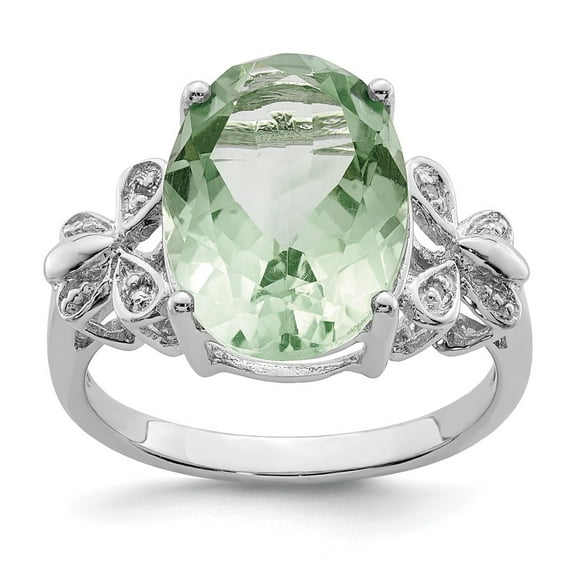 White Sterling Silver Ring Band Gemstone Prasiolite Oval Diamond