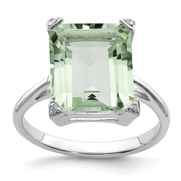 White Sterling Silver Ring Band Gemstone Prasiolite Square Diamond