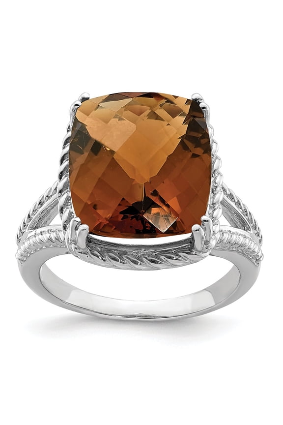 White Sterling Silver Ring Band Gemstone Quartz (Whiskey) Cushion