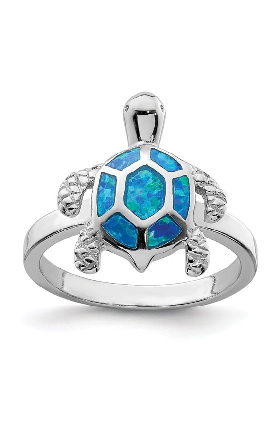 White Sterling Silver Ring Band Gemstone Rhodium Created Blue Opal Turtle