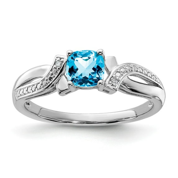 White Sterling Silver Ring Band Gemstone Swiss Blue Topaz Cushion Diamond Round