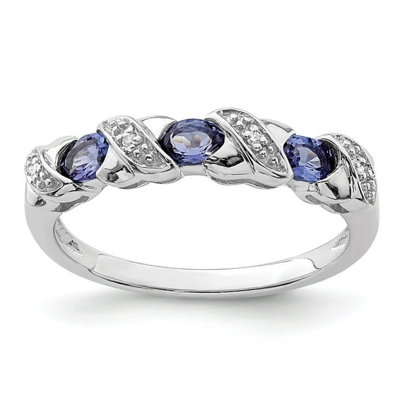 White Sterling Silver Ring Band Gemstone Tanzanite Oval Blue Diamond