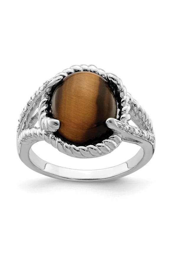 White Sterling Silver Ring Band Gemstone Tiger's Eye Oval Diamond Round