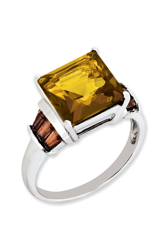 White Sterling Silver Ring Band Gemstone Whiskey Quartz Square Garnet Red