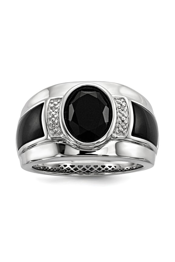 White Sterling Silver Ring Band Men's Diamond Round Onyx Oval Black Irregular