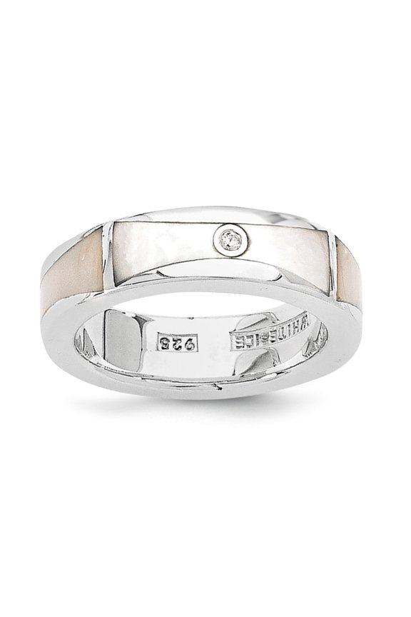 White Sterling Silver Ring Band Pearl Diamond M of