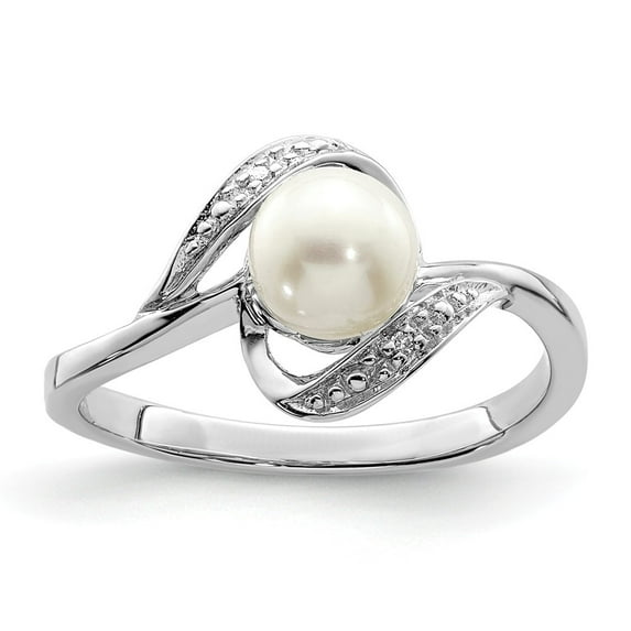 White Sterling Silver Ring Band Pearl Diamond Round Freshwater