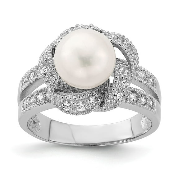 White Sterling Silver Ring Band Pearl Simulated Glass Cubic Zirconia CZ Clear