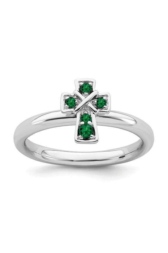 White Sterling Silver Ring Band Stackable Emerald, Lab Created Round Green